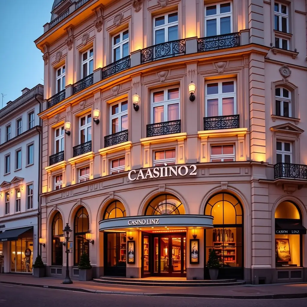 Casino Linz in Austria with its elegant classical architecture illuminated at night