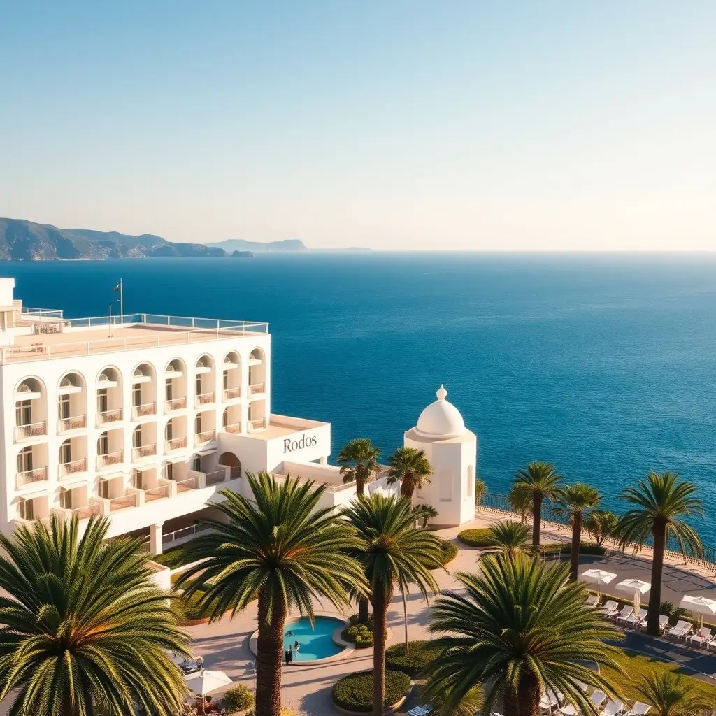 Casino Rodos in Greece with its Mediterranean architecture overlooking the blue sea