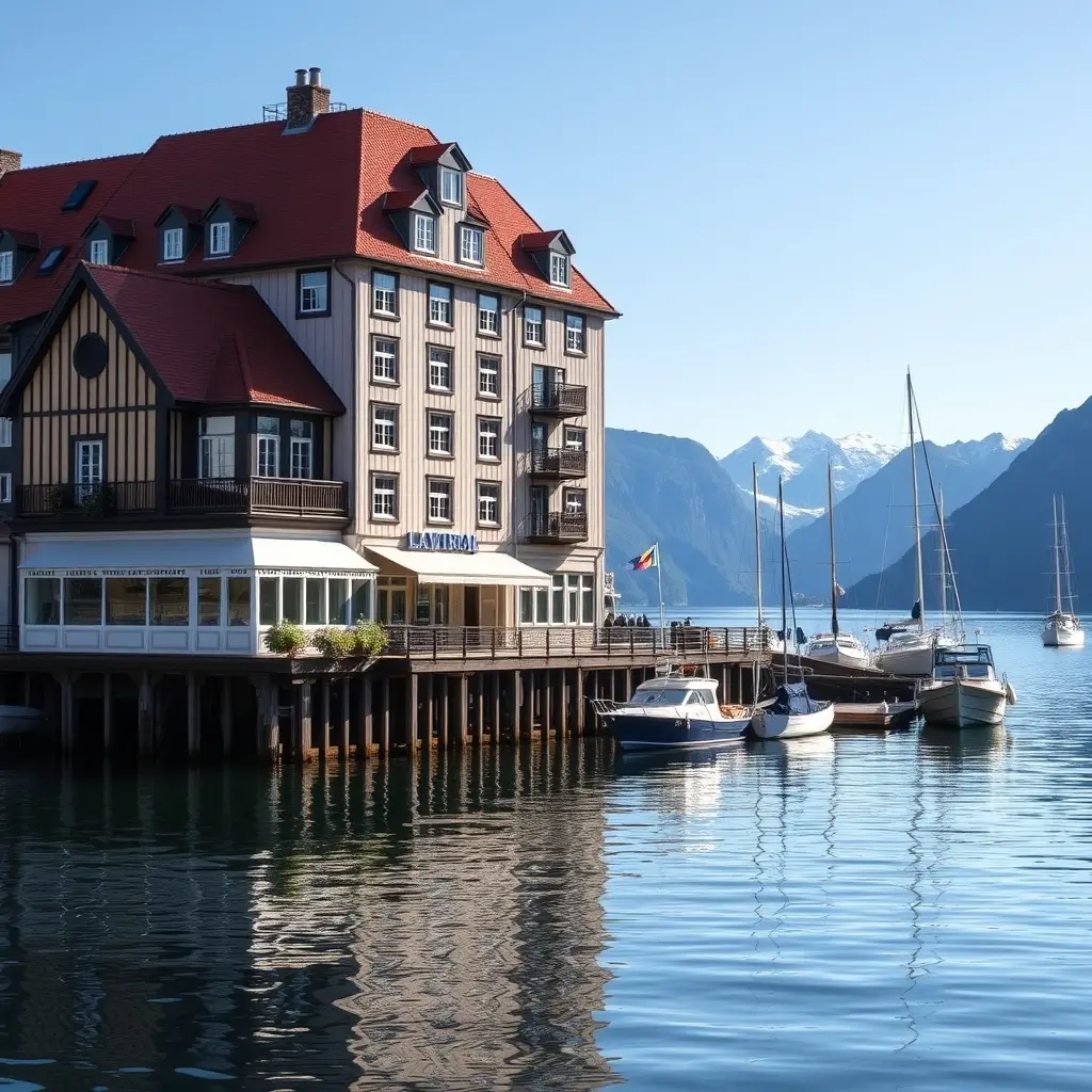 Clarion Hotel Admiral situated on a Norwegian fjord with mountains in the background