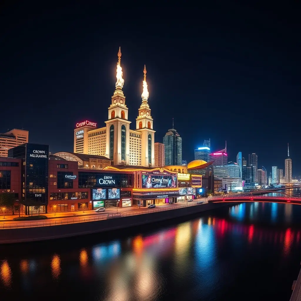 Crown Melbourne complex at night with dramatic lighting and reflections on the water