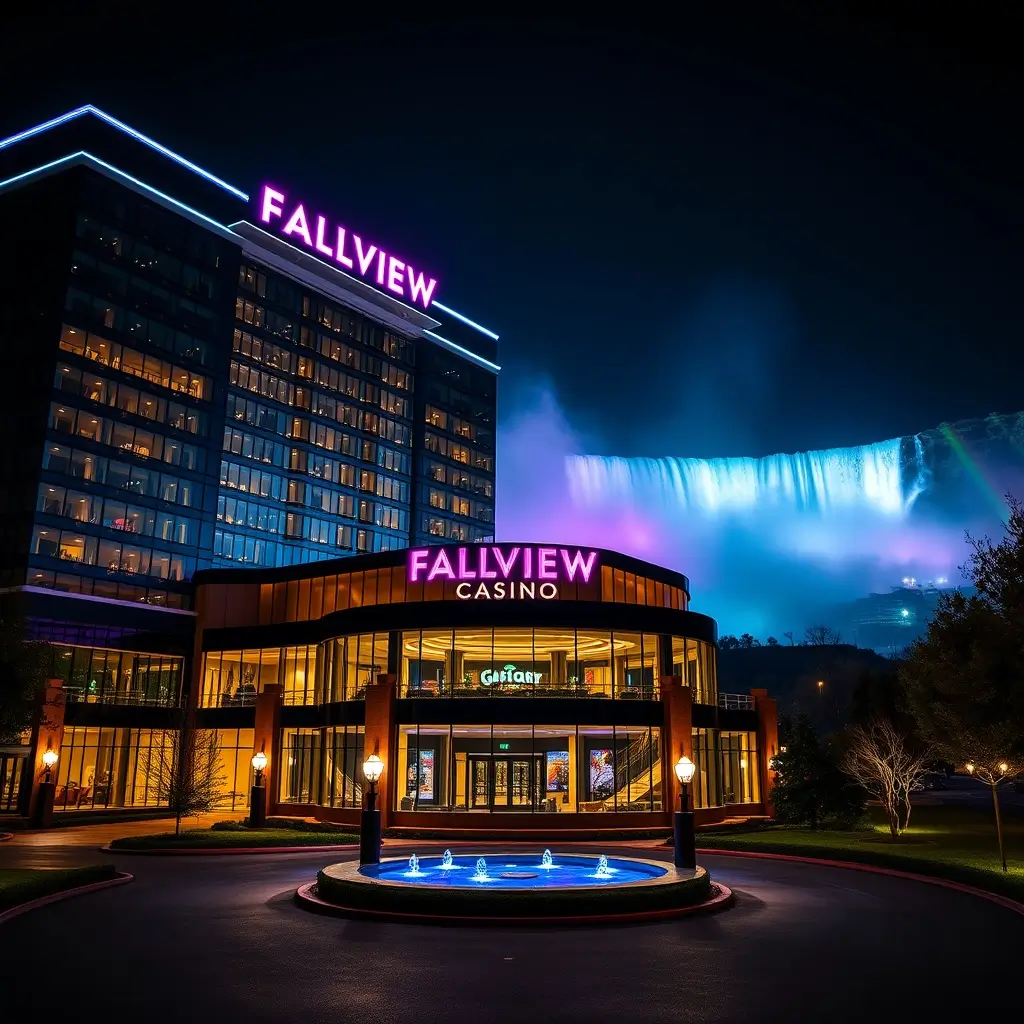 Fallview Casino Resort illuminated at night with colorful lighting and Niagara Falls in the background